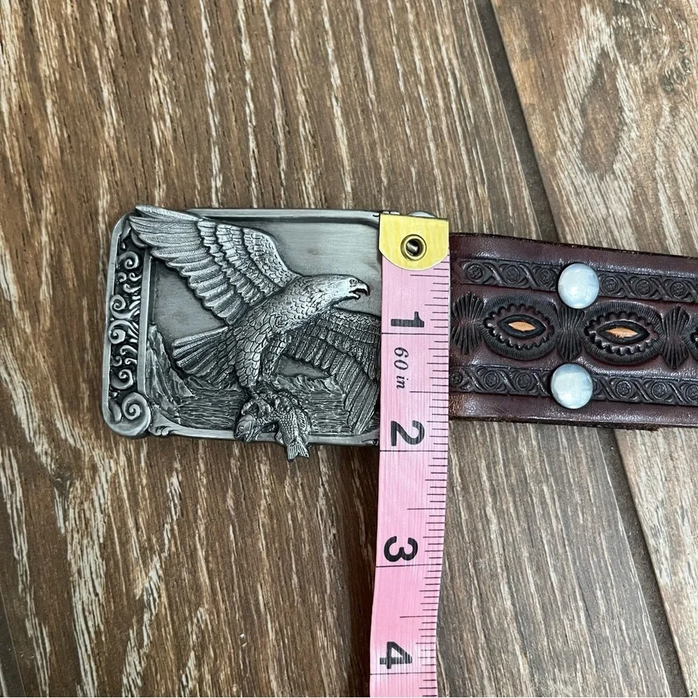 Vintage Siskiyou Eagle Belt Buckle Brown Tooled Leather Belt